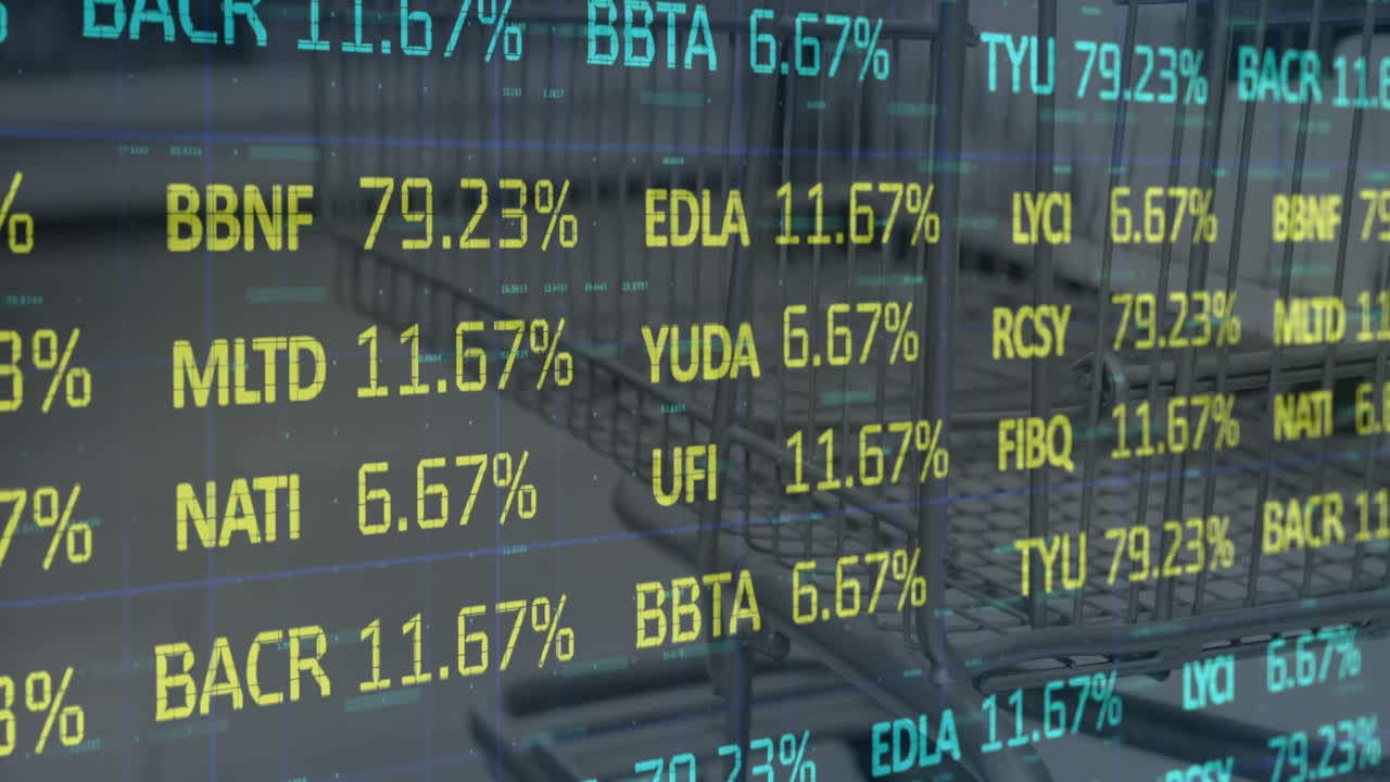 animación del procesamiento de datos financieros sobre los interiores de las tiendas