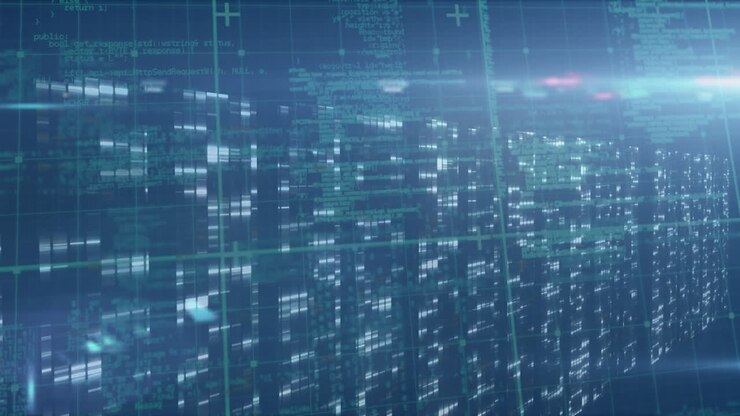 Animation of data processing over lights on blue background