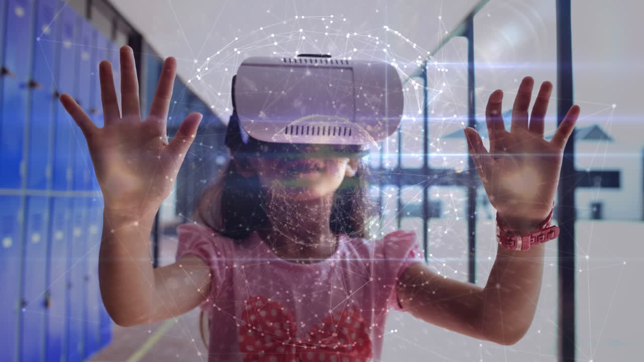 indossare cuffie vr, bambino che esplora il mondo virtuale su una rete di connessioni