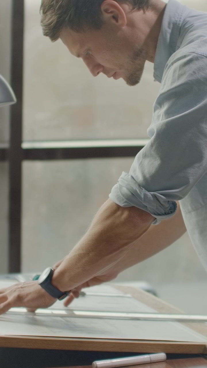 Architect Working on Blueprint at Drafting Table in Office
