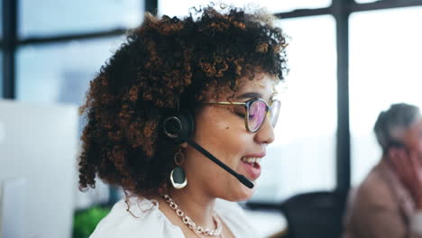 call center, headset and a woman talking