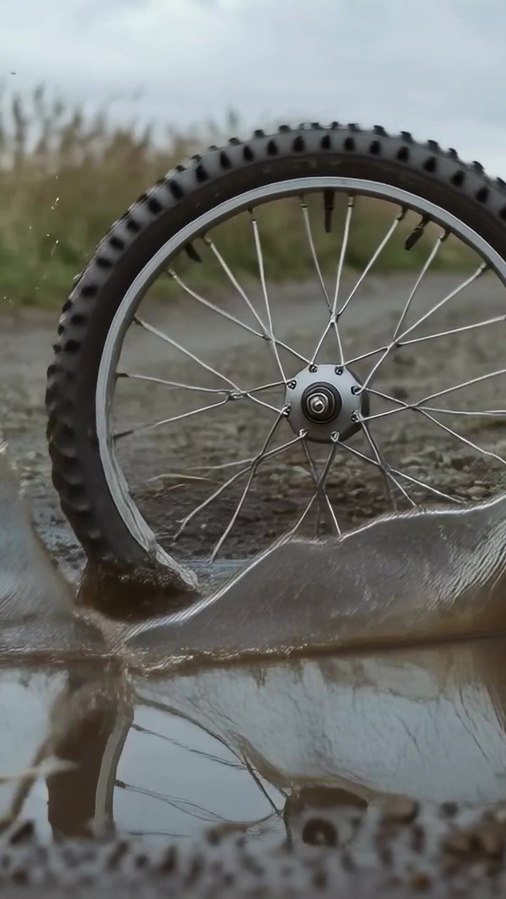 Video verticale: ruota di bicicletta che prende velocità entrando in una pozzanghera di fango su ghiaia bagnata, con schizzi