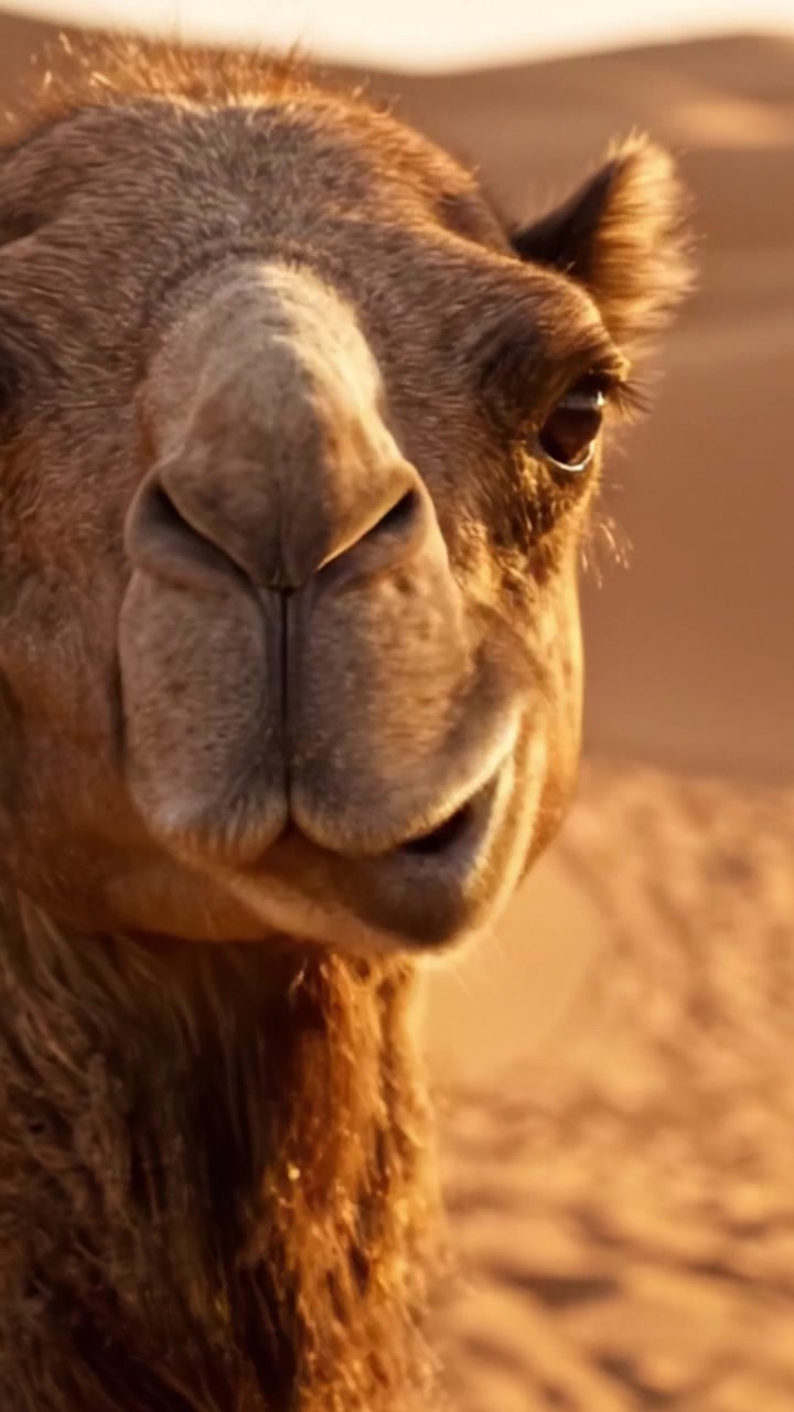 Un incontro ravvicinato con un maestoso cammello nelle sabbie dorate del deserto al tramonto, che cattura lo spirito e la bellezza di questo iconico animale del deserto