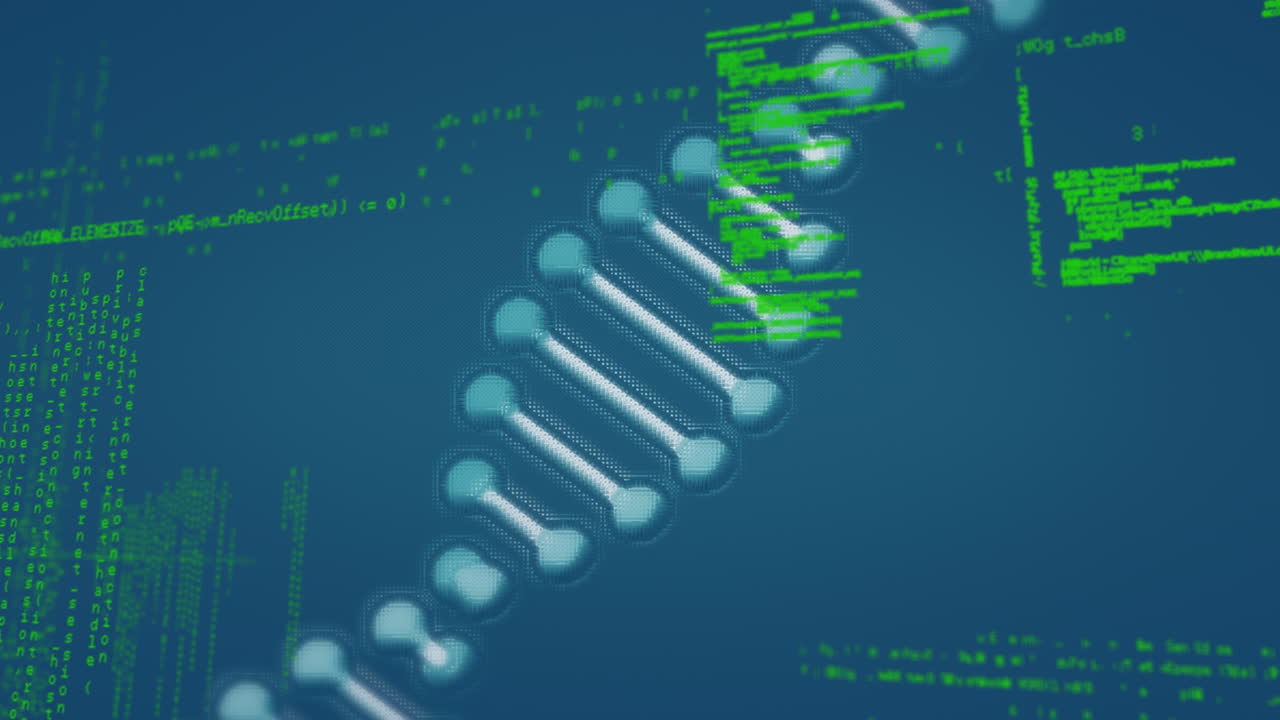 Animation of dna over data processing on navy background