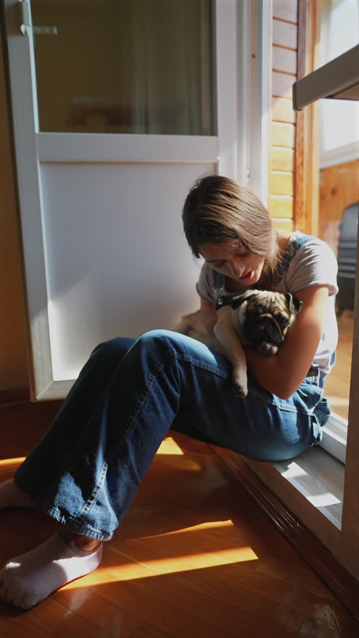 Donna che coccola il suo carlino vicino a una finestra
