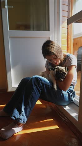 woman cuddling her pug dog near a window