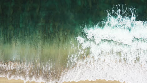 Aerial-shot-of-the-coastline-of-a-sandy-beach-with-gentle-waves-hitting-the-yellow-sand