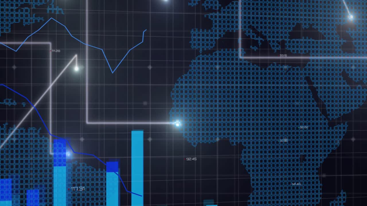 Animation of data processing and world map over black background