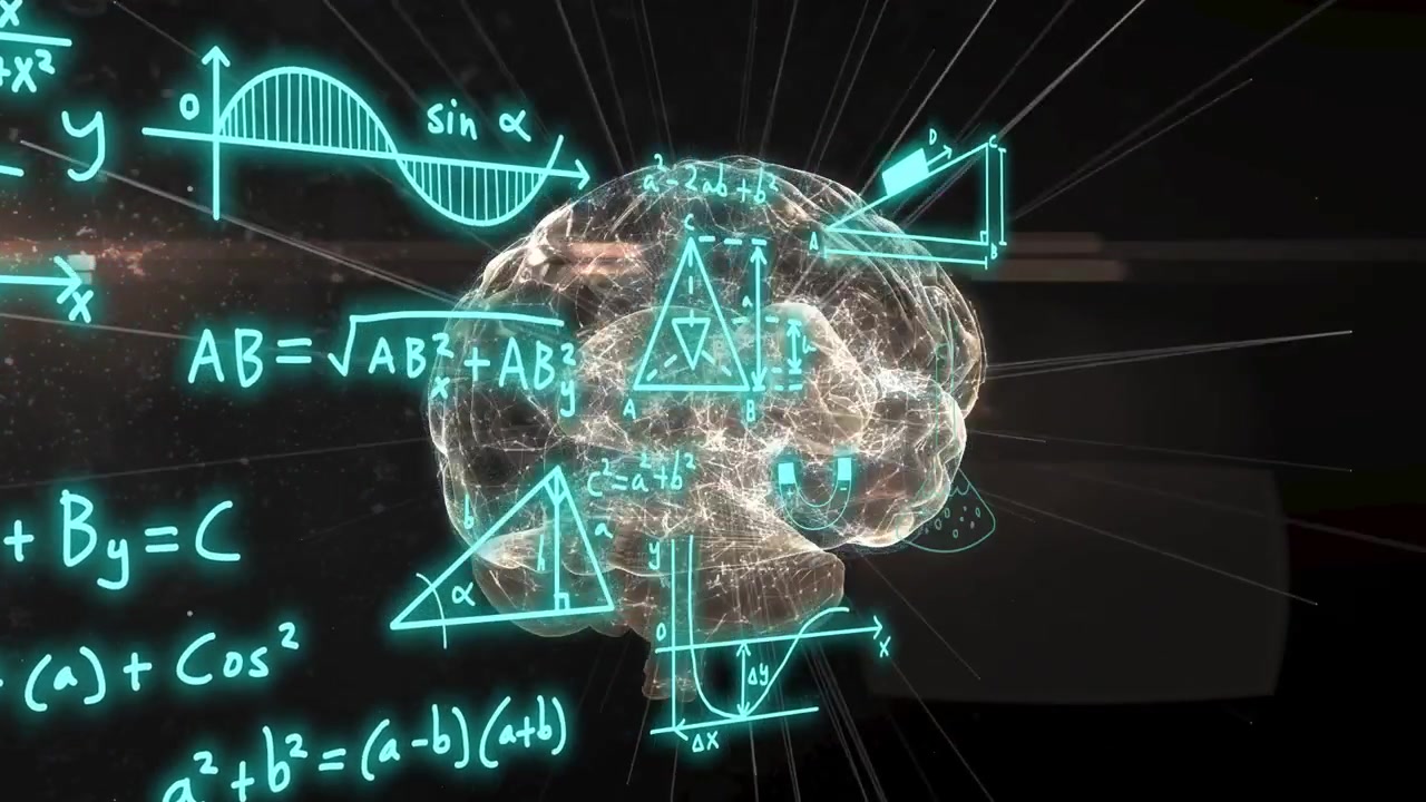 Radial pulse starting, neural holo brain rotating pulsing as cyan diagrams multiplying showing STEM