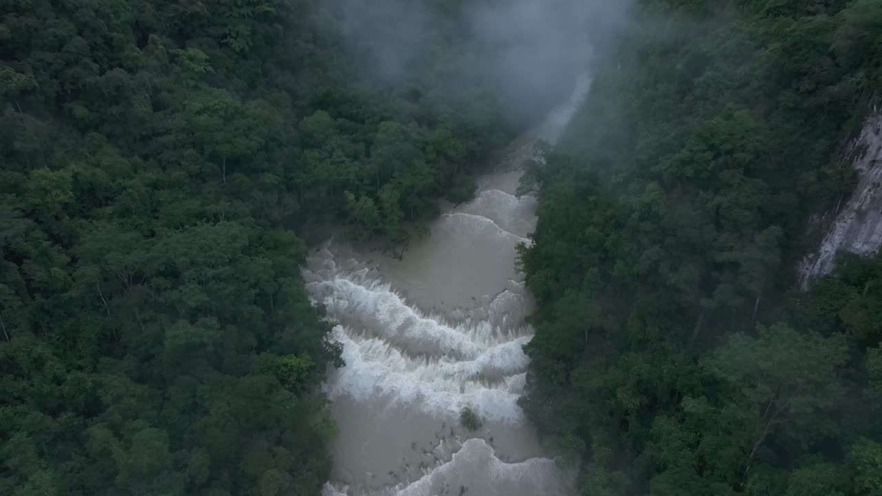 Top down view of semuc champey waterfall during rainy season, aerial