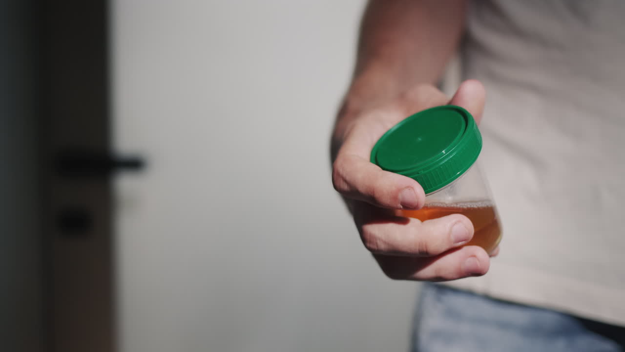 Un uomo sta alla porta del bagno con un contenitore per le analisi delle urine. Concetto di problemi di salute e urologia.