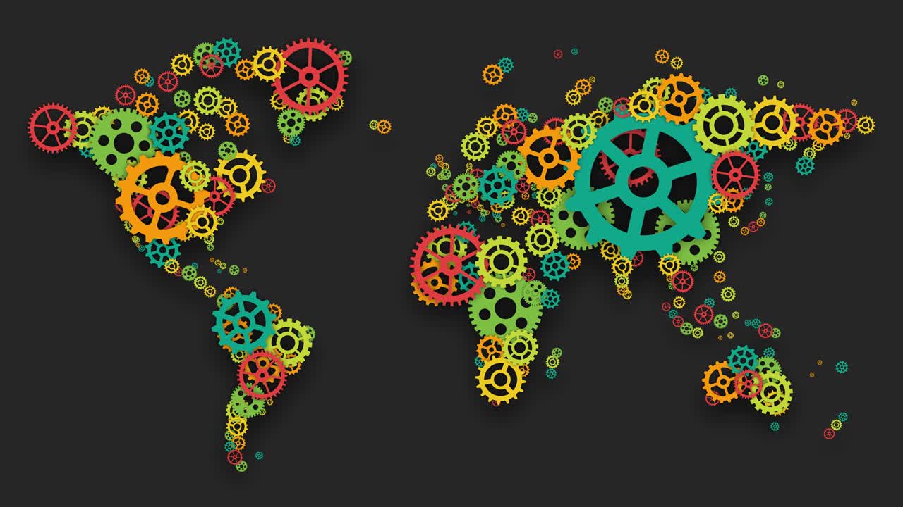 mapa del mundo con engranajes de color giratorios. cooperación económica, social o política. trabajo en equipo global fondo de movimiento.
