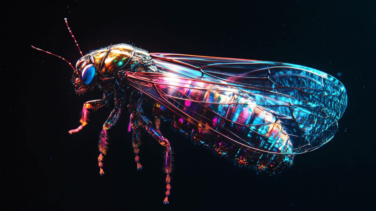 Farverigt, iridescent insekt med glødende vinger