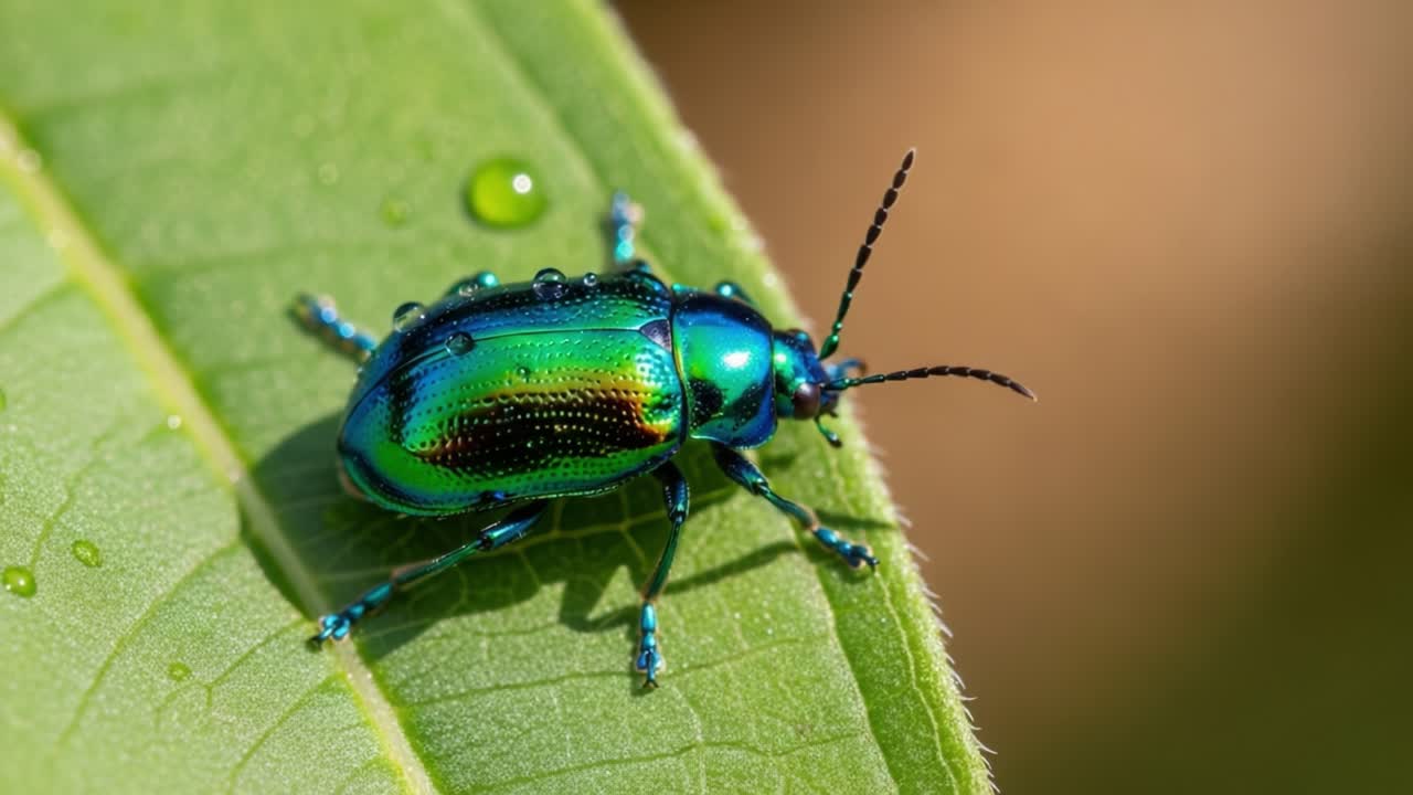 Close-Up of a Vibrantly Colored Beetle Resting on a Leaf with Dewdrops, Showcasing Intricate Patterns and Luster in Its Exoskeleton