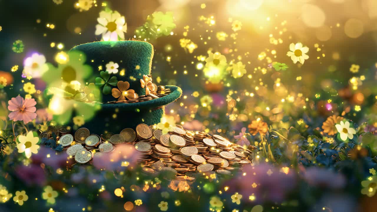 A green hat with shamrocks on it sits on a pile of gold coins. The scene is set in a field of flowers, creating a peaceful and serene atmosphere. The combination of the hat