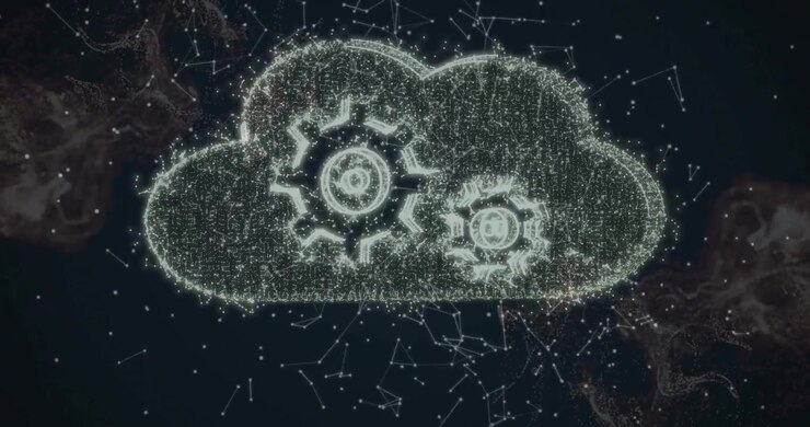 Particle cloud icon glowing and turning against dark digital network backdrop, with luminous gears