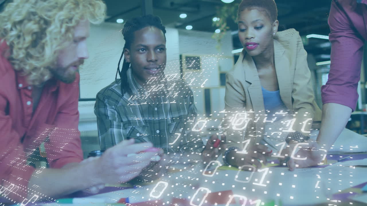 Animation of binary coding over diverse business people talking in office
