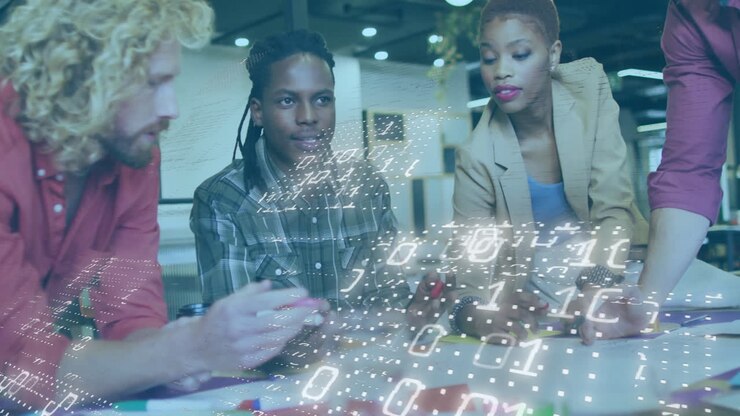Animation of binary coding over diverse business people talking in office