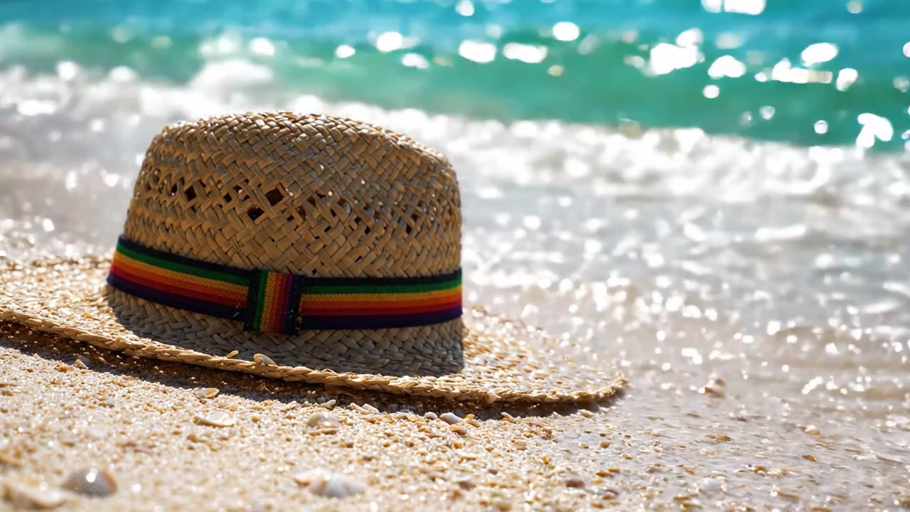 Una giornata tranquilla in spiaggia con un cappello di paglia appoggiato sulla sabbia soffice, con onde delicate che lambiscono la riva sotto un cielo azzurro brillante