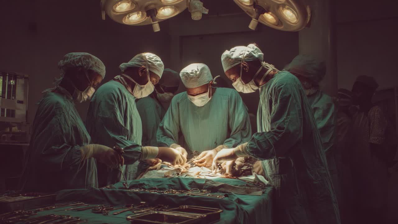 A Focused Surgical Team Engaged in a Complex Operation, Showcasing Precision and Collaboration Under Bright Operating Room Lights