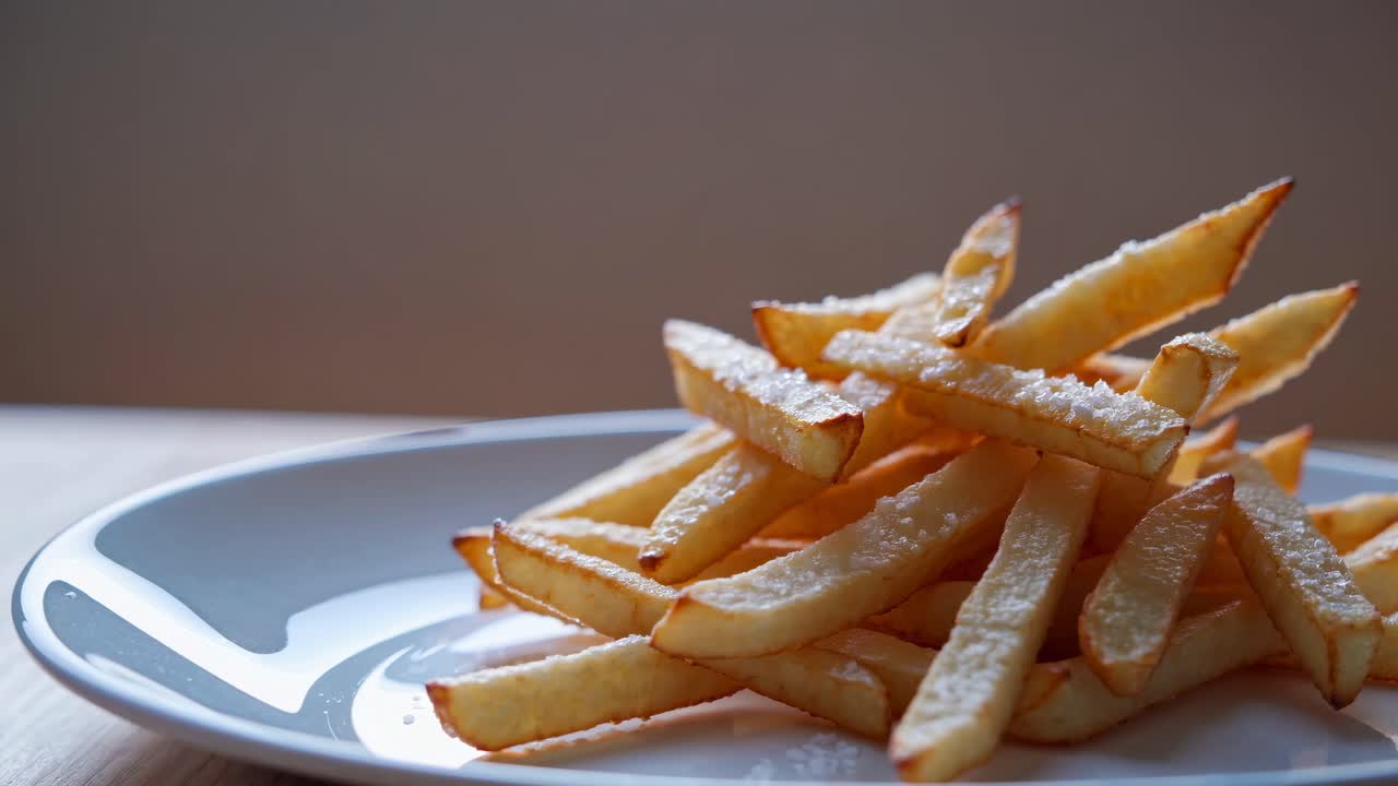 Close-up video shot of crispy golden fries on a white plate, captured from a low angle