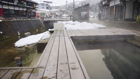 foot baths in ginzan onsen, japanese hot spring town in winter, yamagata