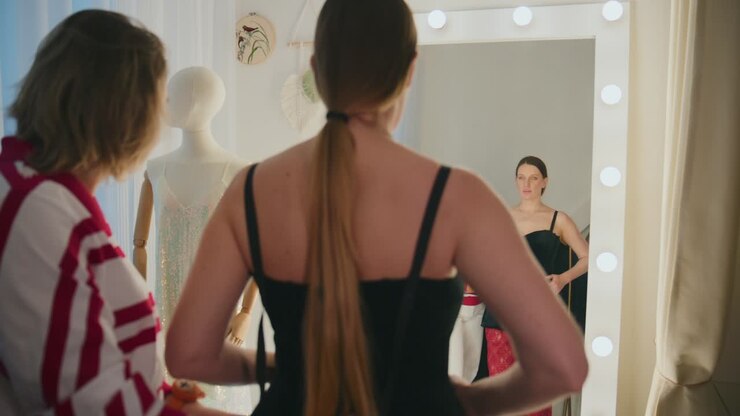 Woman tries on black dress, checks reflection in mirror. Friend assists, adjusts outfit, smiles. Both appear excited, happy, and confident. Perfect for fashion, beauty, or lifestyle content
