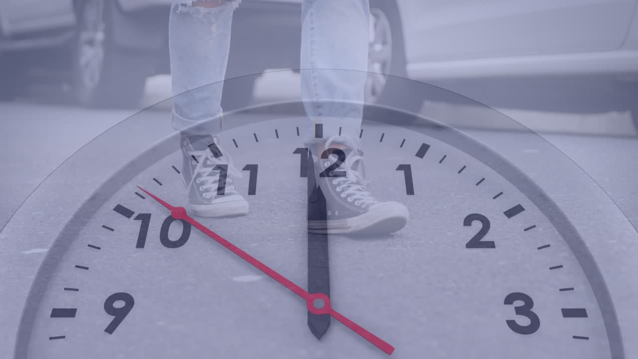 Animation of clock moving over caucasian businessman walking