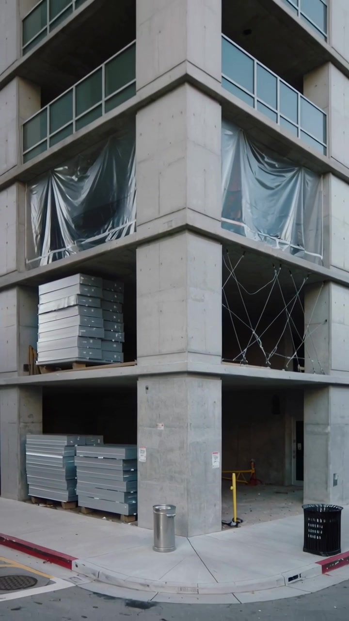 Vídeo vertical: Câmera recuando revelando coluna de concreto de canto na rua, mostrando paleteira.