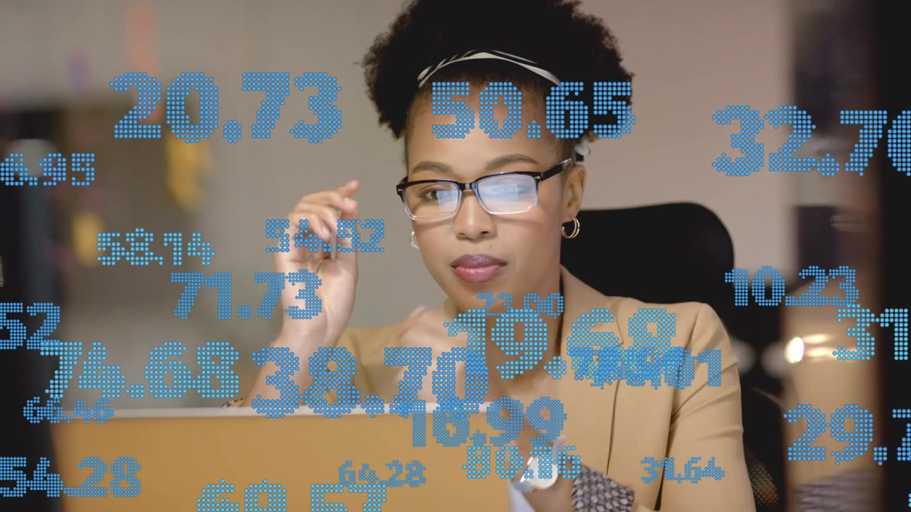 Woman data analyst adjusting glasses then reading laptop while numeric HUD shifting for analysis