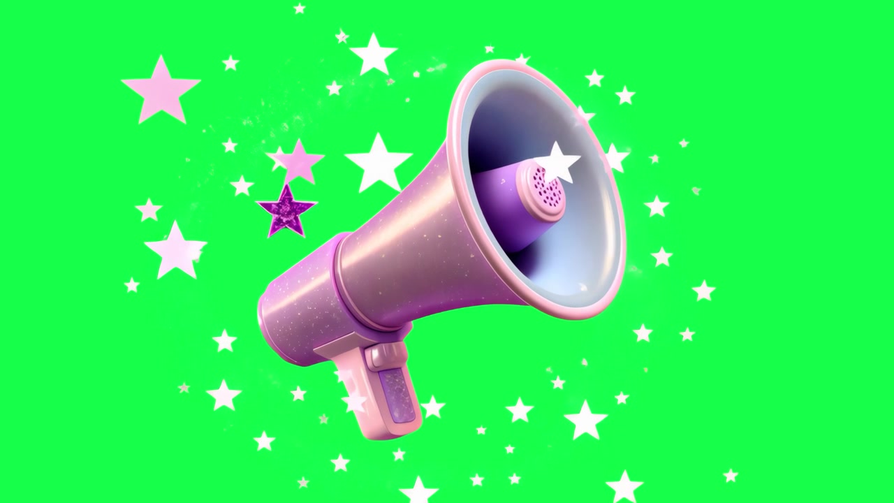Megafono viola animato in 3D con stelle scintillanti su schermo verde