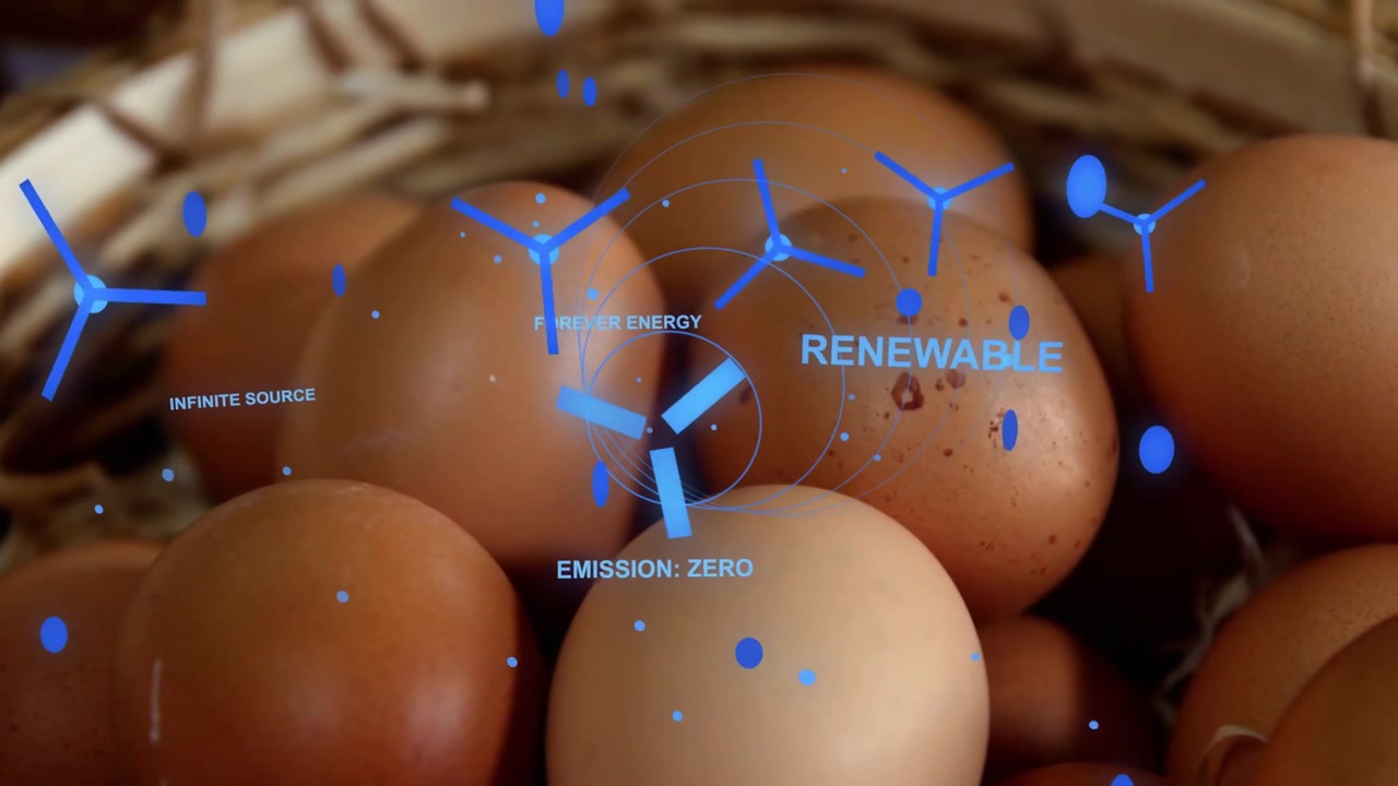 Æg i kurv overlejring dukker op i første billede, rotor pulserer, tekst der promoverer vedvarende energikilder.