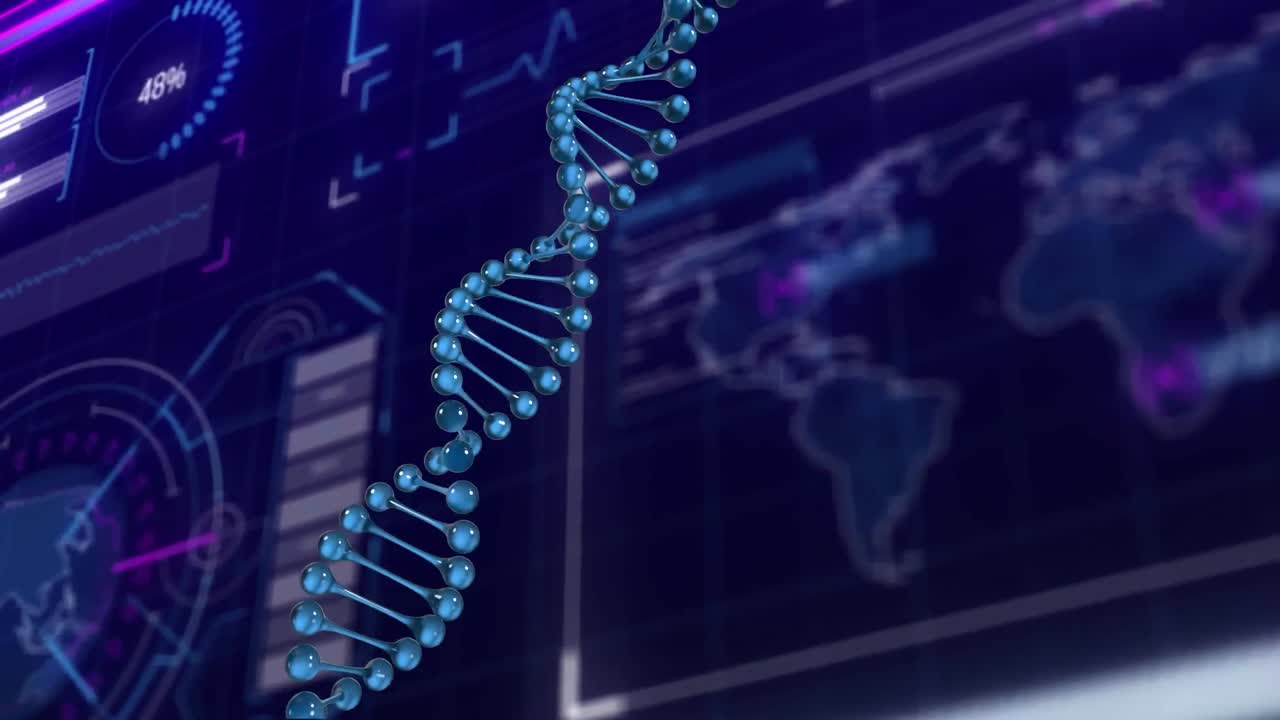 Animation of dna strand over data processing on black background
