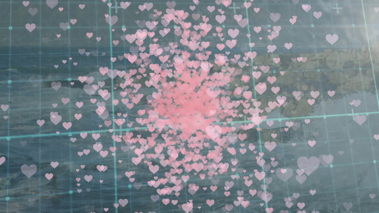 격자와 바다 풍경 위에 떠다니는 분홍색 심장의 애니메이션.