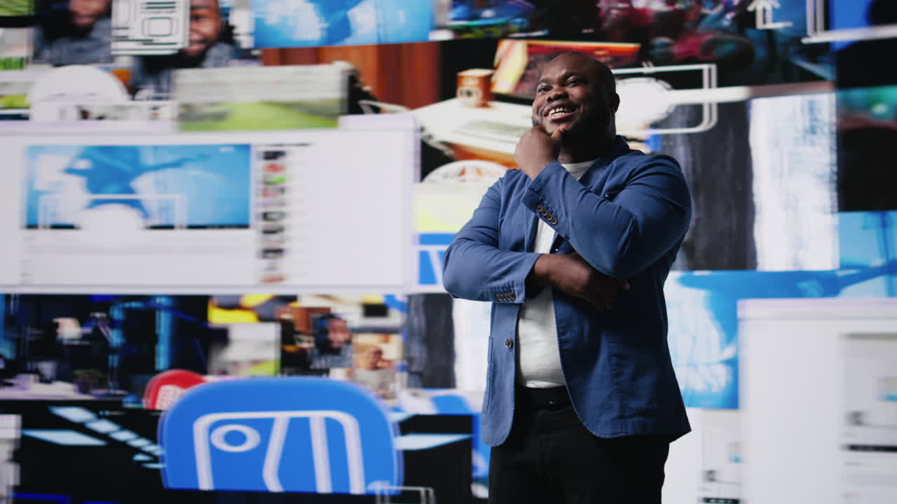 Smiling african american influencer being connected on digital interfaces