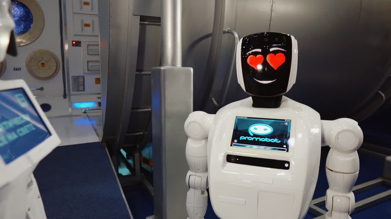 promobot robots en una sala de exposiciones