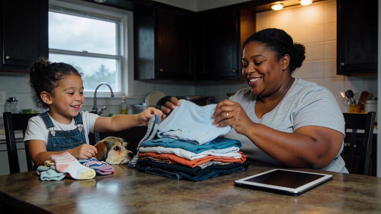 Clean laundry arriving, mother and daughter folding to put away at kitchen table with socks