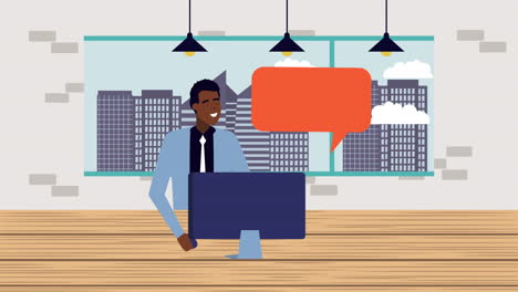 afro businessman using computer in the office animation