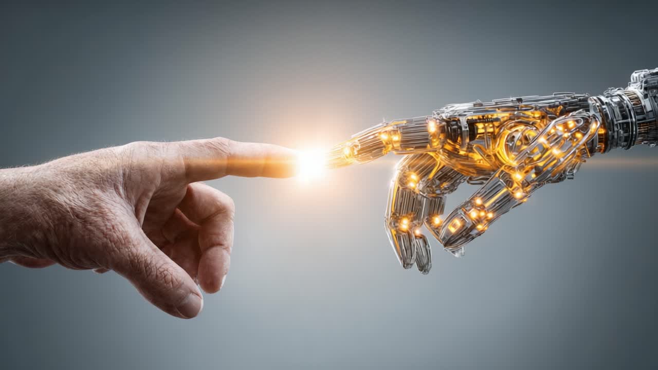 A Symbolic Connection Between Humanity and Technology: The Moment of Touching Between a Human Hand and a Robotic Hand Illustrating Collaboration and Innovation