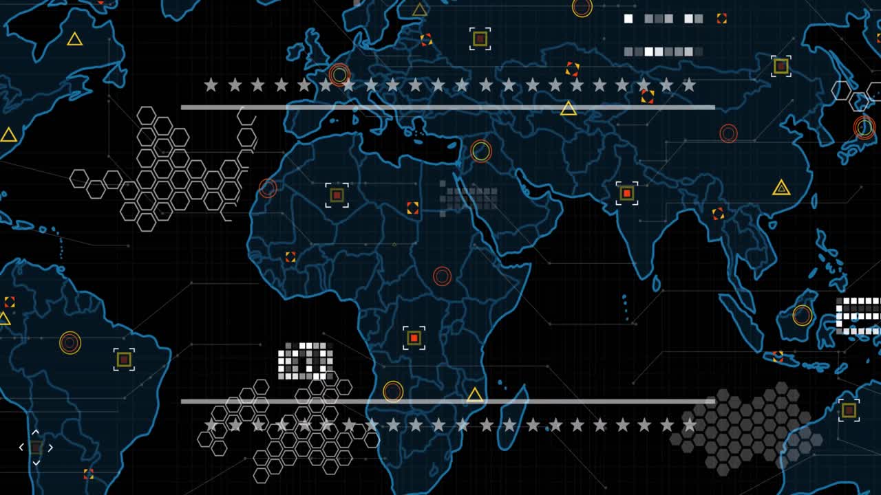 Animation of world map and icons on black background