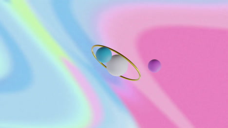 animation of rotating metallic ring with spheres over abstract pastel swirl background