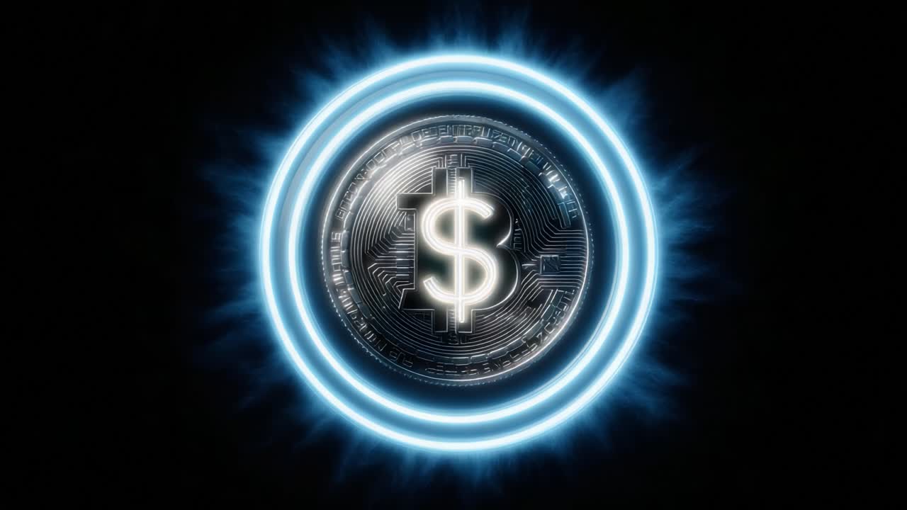 A Radiant Cryptocurrency Coin Shining with a Futuristic Glow, Symbolizing Wealth and Innovation in Digital Finance