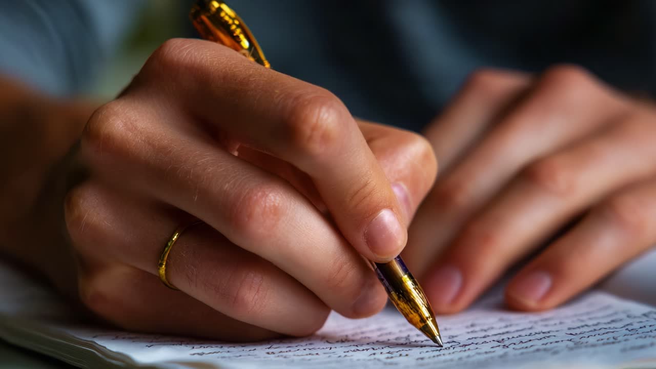 An Intimate Look at the Artistic Process of Writing: Observing Hands Crafting a Thoughtful Note with a Golden Pen on a Sheet of Paper