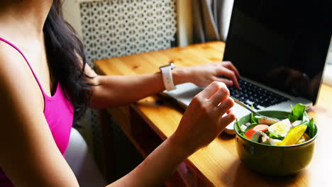 woman using laptop while having breakfast