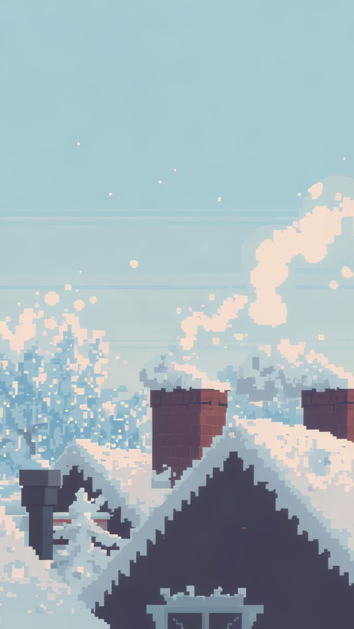 Vertical video: Releasing smoke, two brick chimneys sending puffs across snowy roofs from hearth