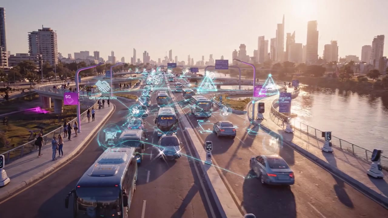 Futuristic Urban Landscape with Advanced Transportation and Smart City Elements Showcasing Connectivity and Sustainable Mobility Solutions in a Bustling Metropolis
