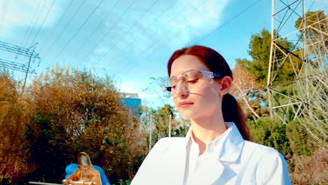 una joven científica en un arroyo, con gafas de protección y una bata de laboratorio, tomando notas en un clipboard