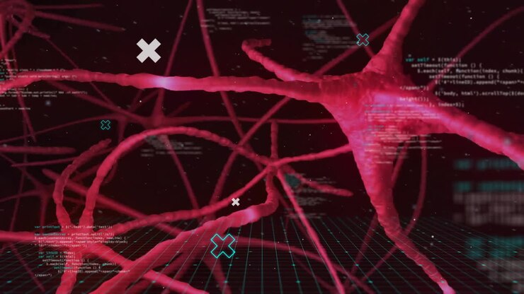 Animation of dna strand and data processing over dark background