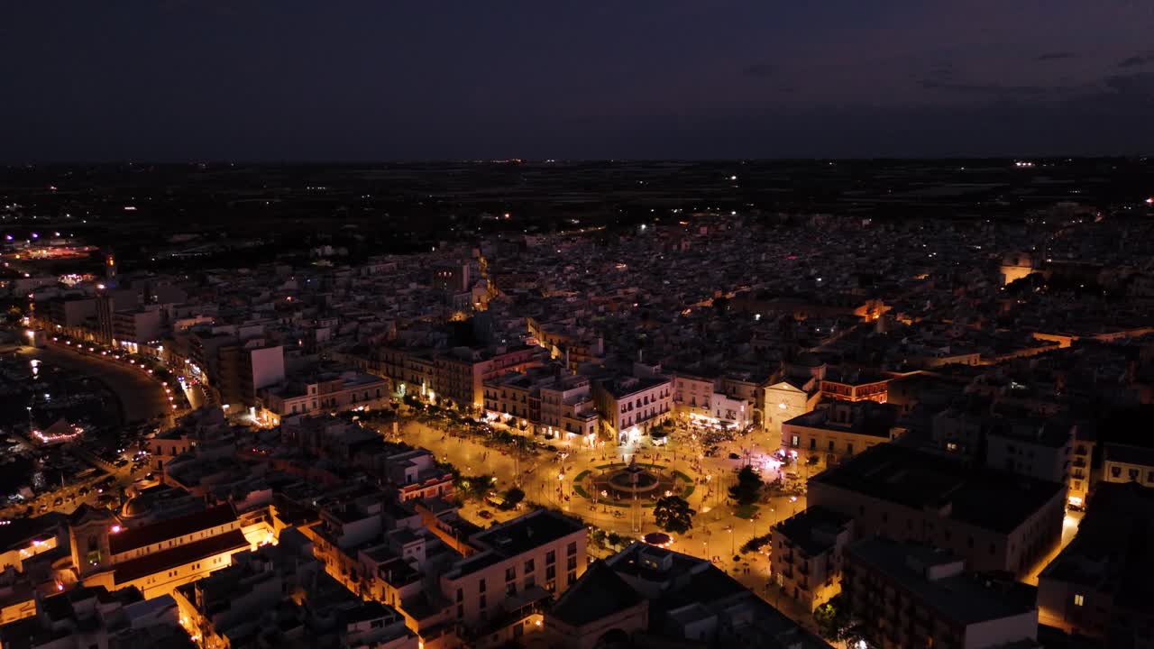 Beautiful sea and Mola di Bari township at night, aerial view