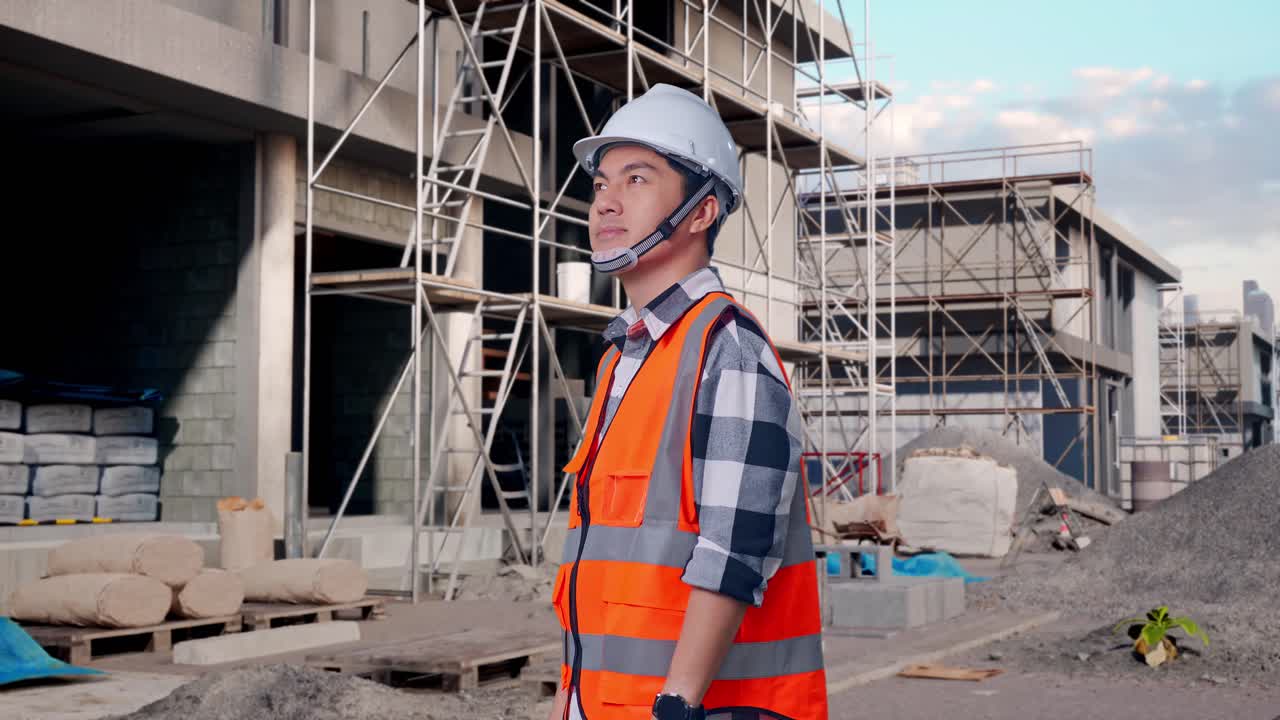 Side View Of Asian Male Engineer With Safety Helmet Looking Around While Standing At Building & Construction Site in Progress to New House